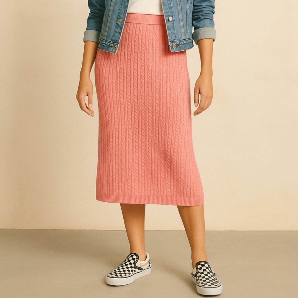 Visions Cable Knit Wool Angora Midi Skirt Pink Lambswool Made in UK Size Small